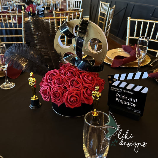 Movie Reel Centerpiece with flowers and base: Hollywood Party Decor