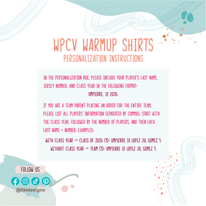 WPVC Team Warmup Shirt Personalization Service